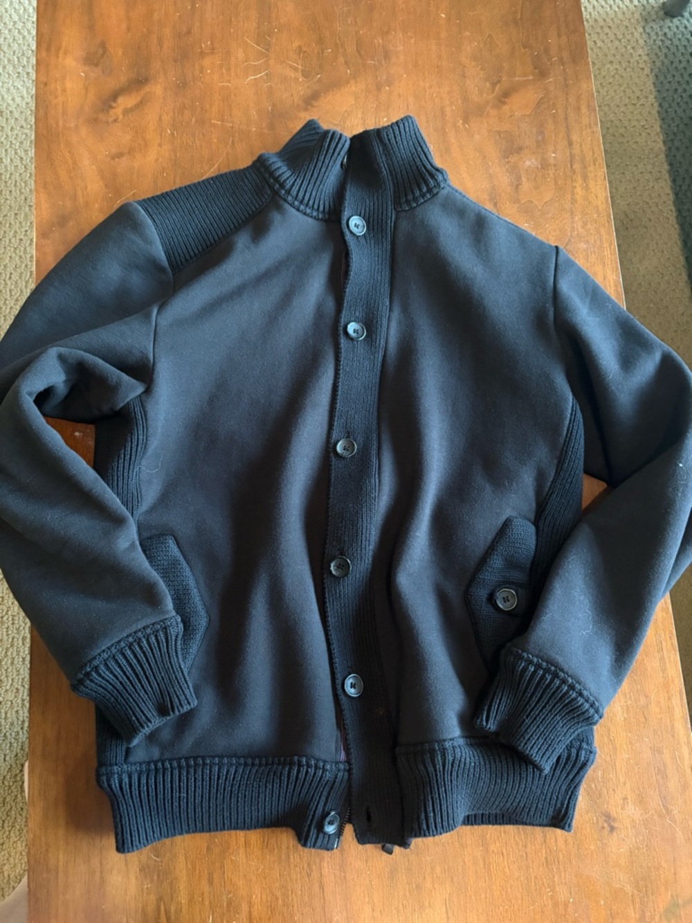 Ted Baker London black varsity style sweater, fleece-lined for warmth